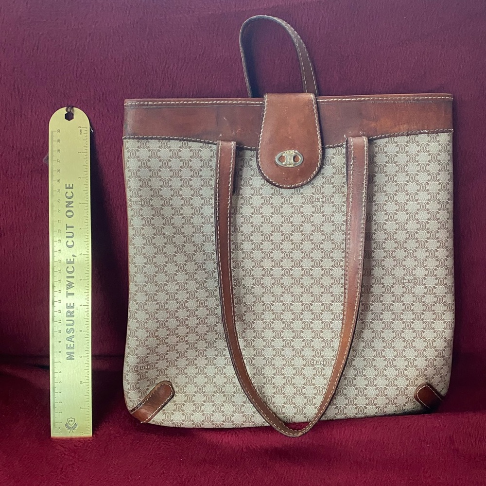 Celine Brown and Cream Patterned Tote Handbag / Purse with Brass Accent - Picture 3 of 10